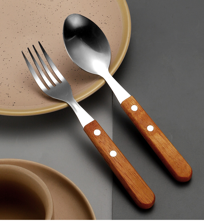 410不锈钢红木柄牛排刀叉餐叉甜品勺 西餐厅西餐刀叉勺礼品四件套详情13