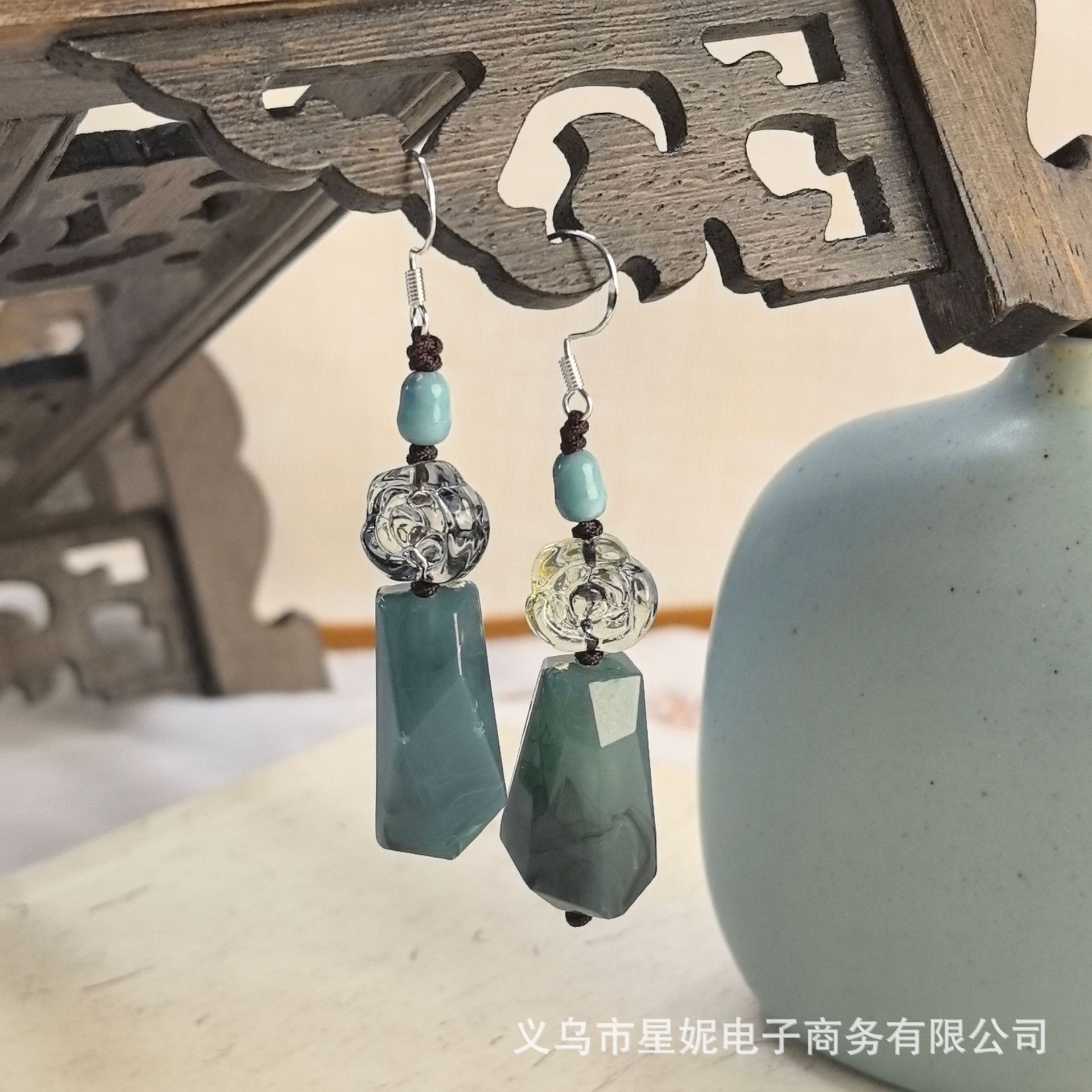 新中式玫瑰花红色紫色清新绿古装汉服轻奢长款不规则耳饰进口详情8