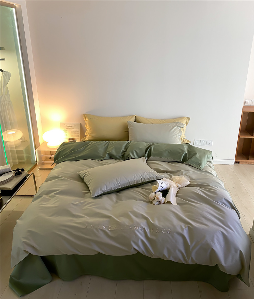 Simple, light luxury and fashionable solid-color long-staple cotton four-piece set, pure cotton letter-embroidered duvet cover, double bedding pic 30