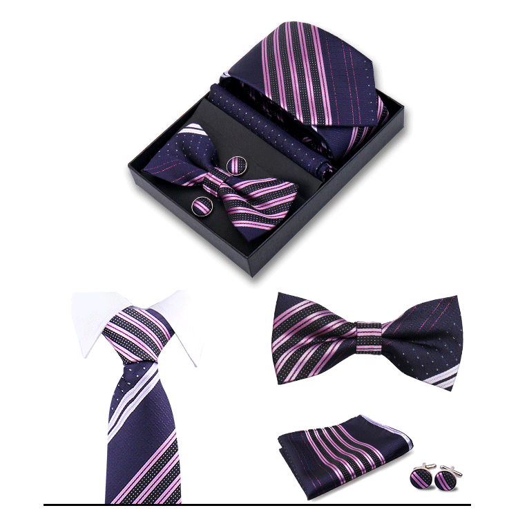 男士商务8cm领带领结口袋巾5件套礼盒装婚礼宴会条纹黑色手打领带详情32