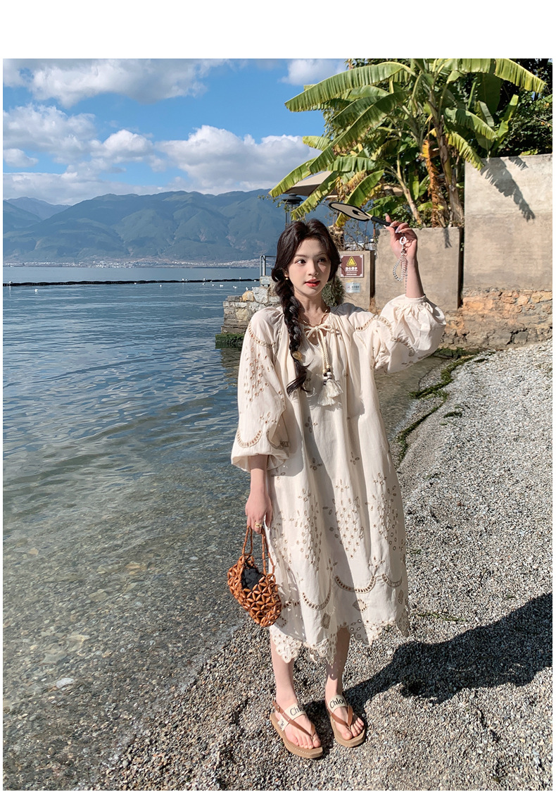 Real photo of a retro, gentle, cut-out embroidered V-neck apricot-colored dress, 2025 new seaside vacation style long-sleeved umbrella dress pic 38
