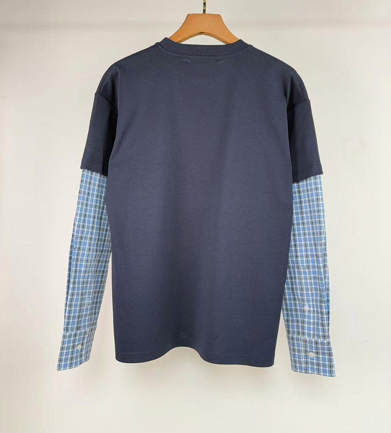 2025夏季新款设计感格纹拼接假两件长袖T恤女时尚休闲减龄上衣女详情11