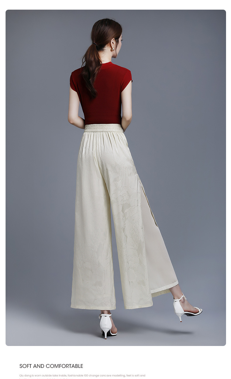 国潮新中式开叉提花冰丝阔腿裤女夏季薄款高腰垂感宽松妈妈休闲裤裙裤国潮详情12