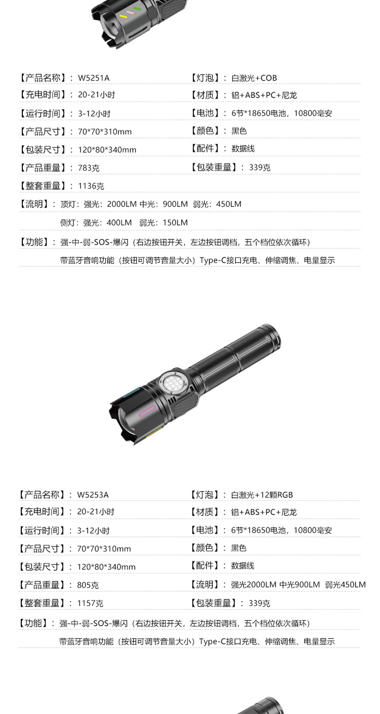 Multi-speed adjustable telescopic zoom long-range flashlight, side light, camping night light, outdoor lighting, hand-held flashlight pic 10