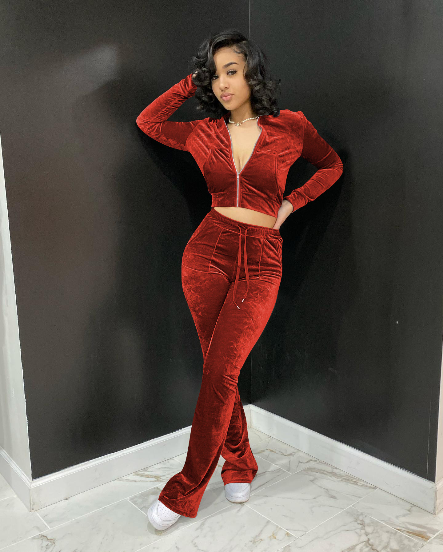 Solid color gold velvet wide-leg pants two-piece set pic 135