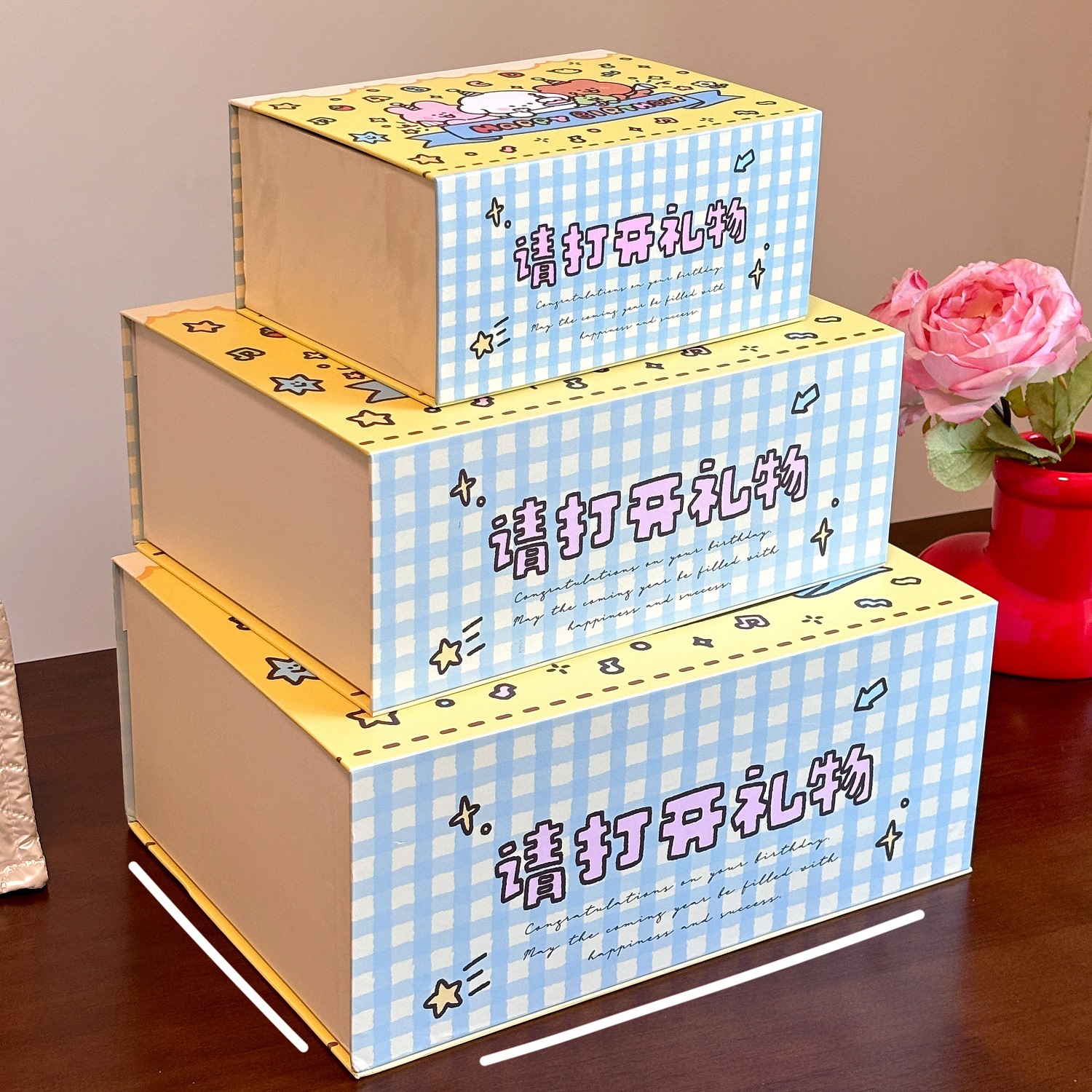 Rectangular birthday gift box, large gift packaging paper box with gift bag, cute Ins-style cartoon magnetic box pic 9
