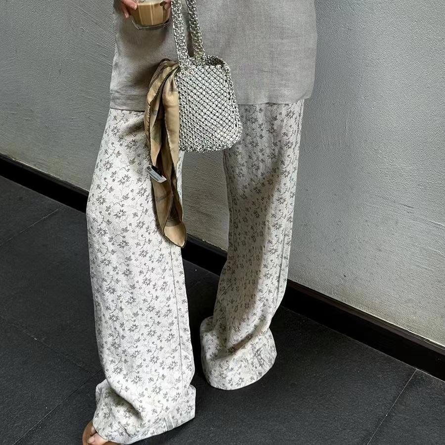 In-stock 0wis raindrop linen and floral patterned French raindrop linen printed floral casual trousers, slimming and versatile pic 21