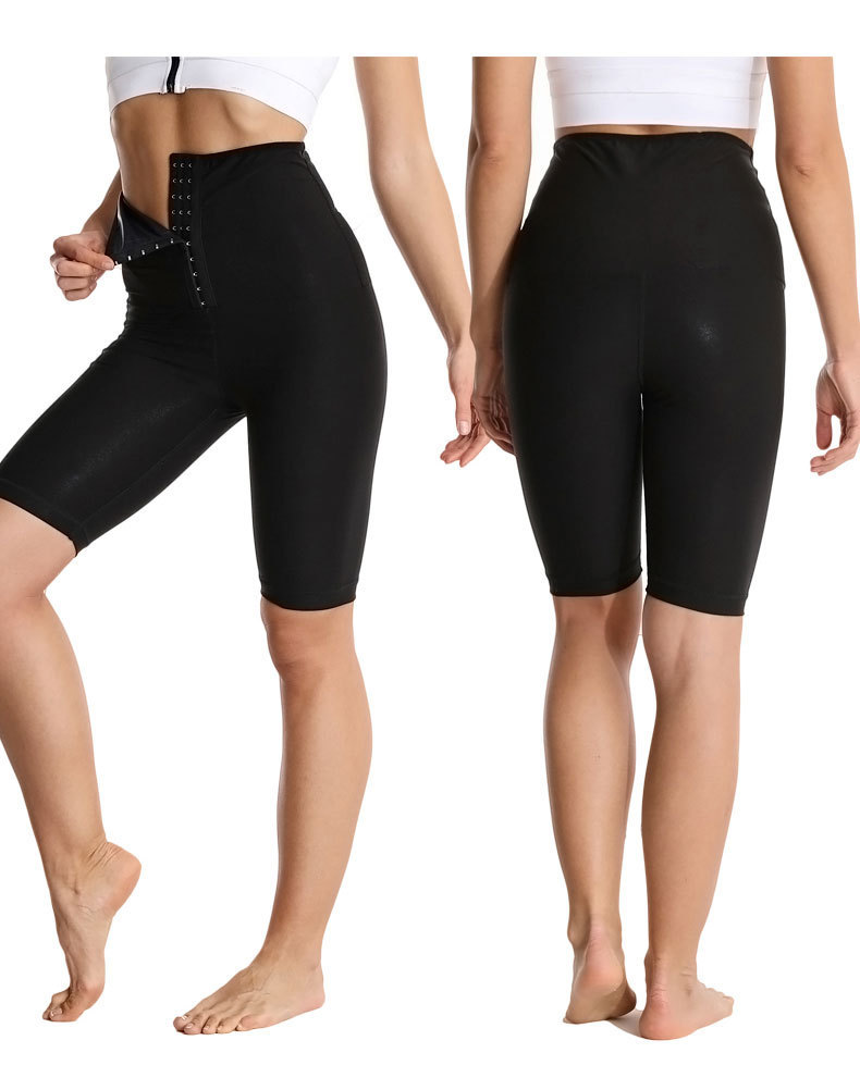 T跨境专供夏季涂层暴汗五分裤高腰排扣运动紧身裤跑步发汗运动裤详情4