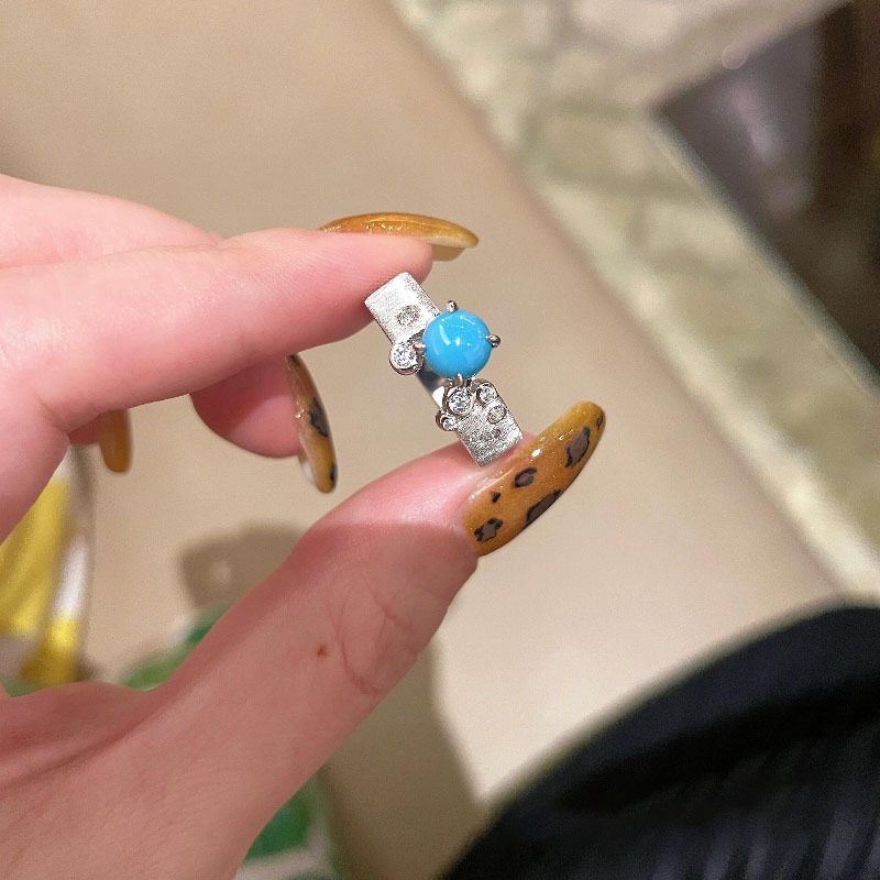 Retro new Chinese-style brushed four-prong turquoise ring, hand-brushed satin design, small and exquisite traditional Chinese style ring pic 5