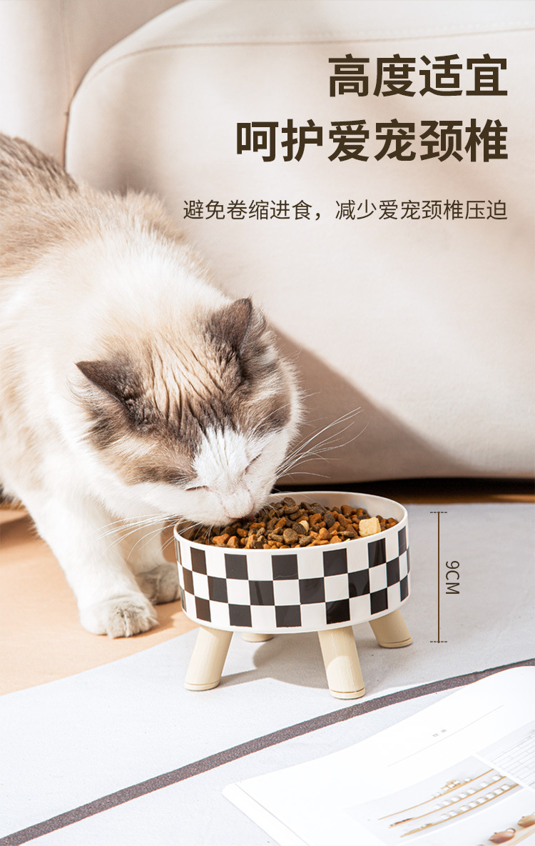 Wholesale of high-legged polka dot checkered pet bowls and anti-drop pet food utensils for cats and dogs pic 3