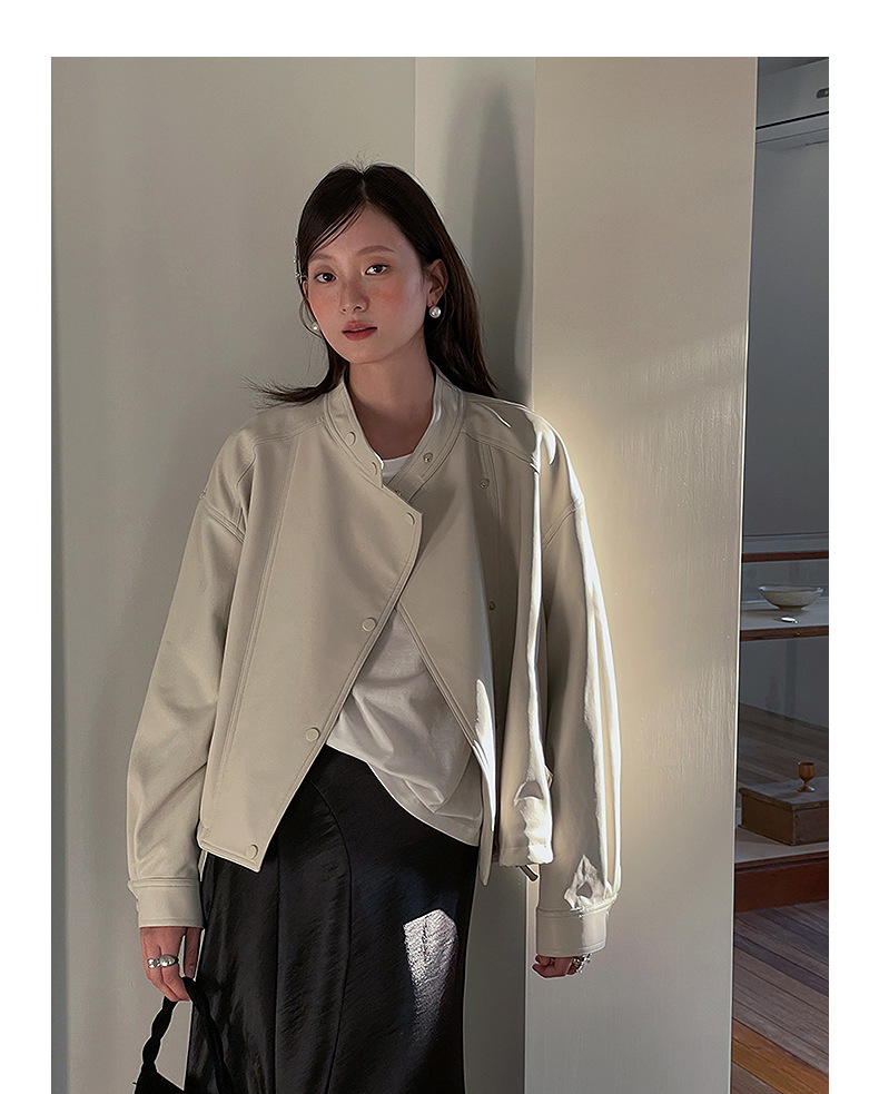 【歌铭】韩系通勤立领皮衣夹克女春季新款复古机车服短外套W733B详情31
