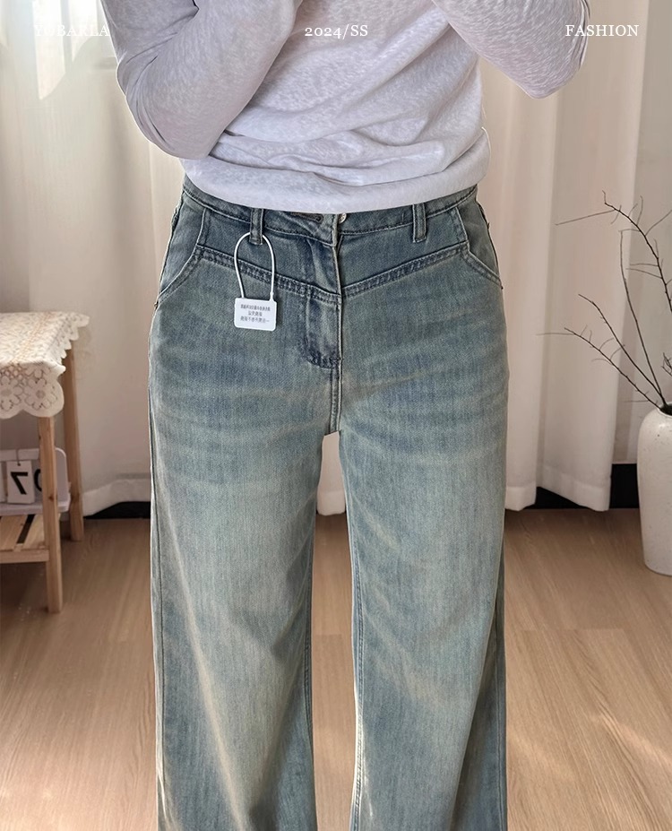 大码百搭阔腿牛仔裤女春秋新款胖mm宽松设计感高腰显瘦直筒拖地裤详情2