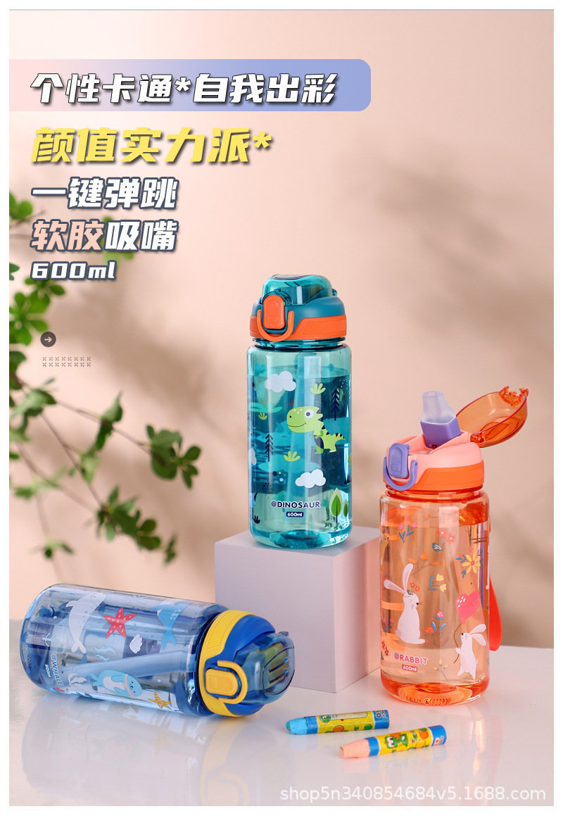 跨境爆款卡通儿童水杯可爱高颜值上学水杯便携弹跳盖吸管杯代发详情7