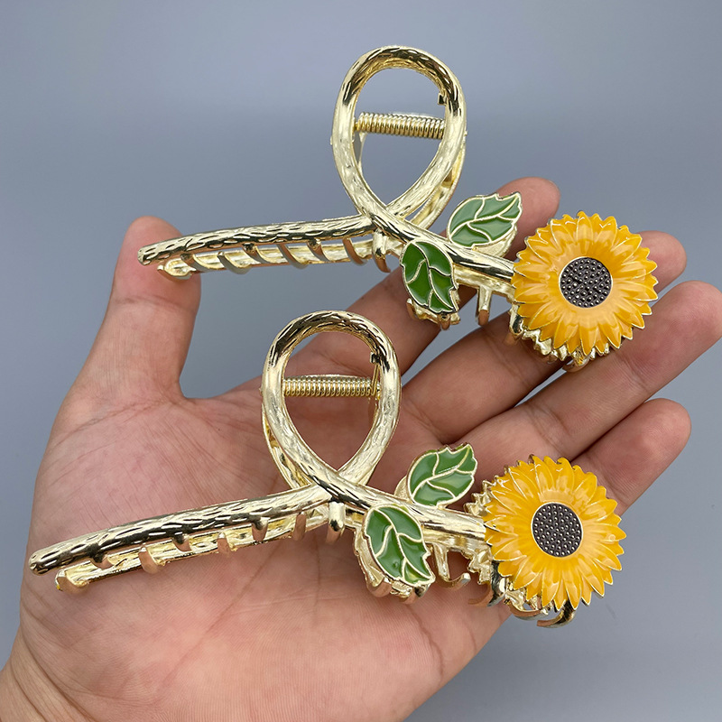 跨境新款滴油向日葵金属抓夹高级感花朵发夹后脑勺盘发鲨鱼夹发饰详情5