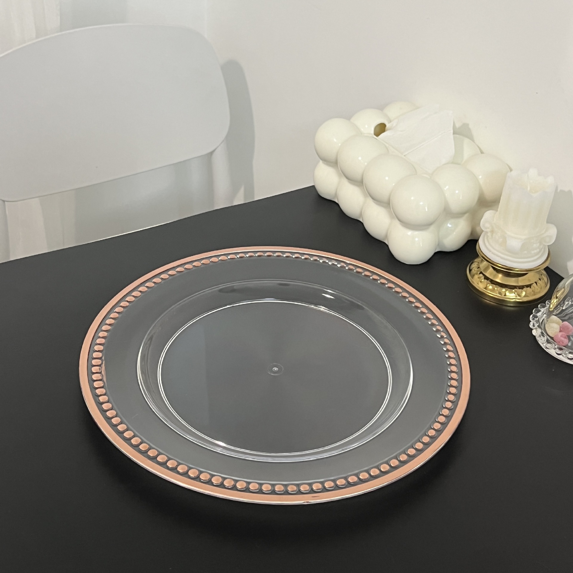 外贸透明婚礼酒店派对烫金工艺装饰塑料玻璃主盘chagerplate详情14