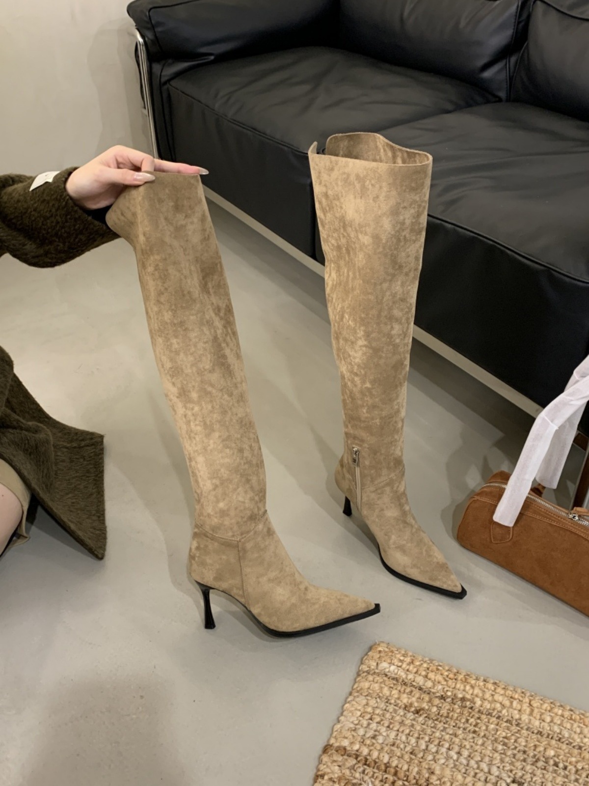 法式一靴多穿高细跟尖头堆堆过膝靴女春秋款侧拉链复古瘦瘦过膝靴详情13