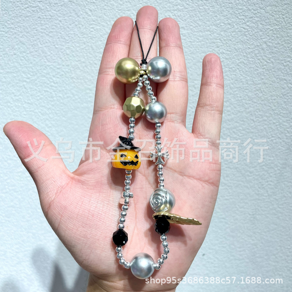 Halloween ins mobile phone chain Pumpkin ghost Skull Ghost face hand-painted mobile phone pendant, beaded keychain pendant pic 2