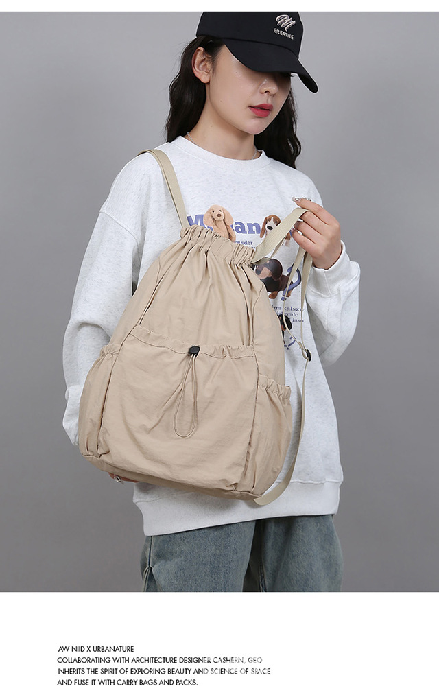 新款轻便束口抽绳双肩背包韩系大容量户外通勤休闲可折叠双肩包详情22