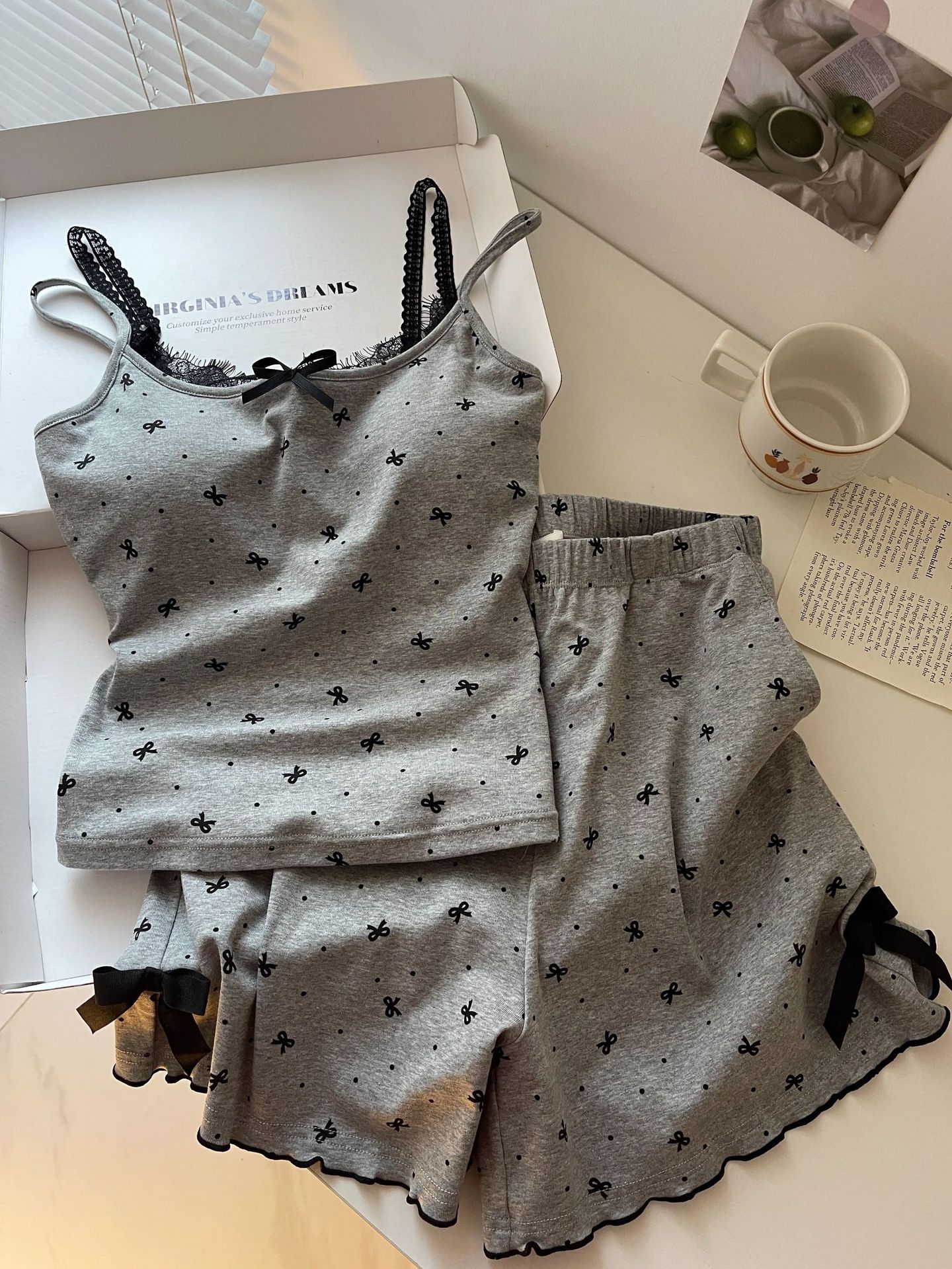 Sexy and pure sensual style pajamas for women, summer lace-trimmed halter shorts, home wear, high-end cross-border wholesale pic 2