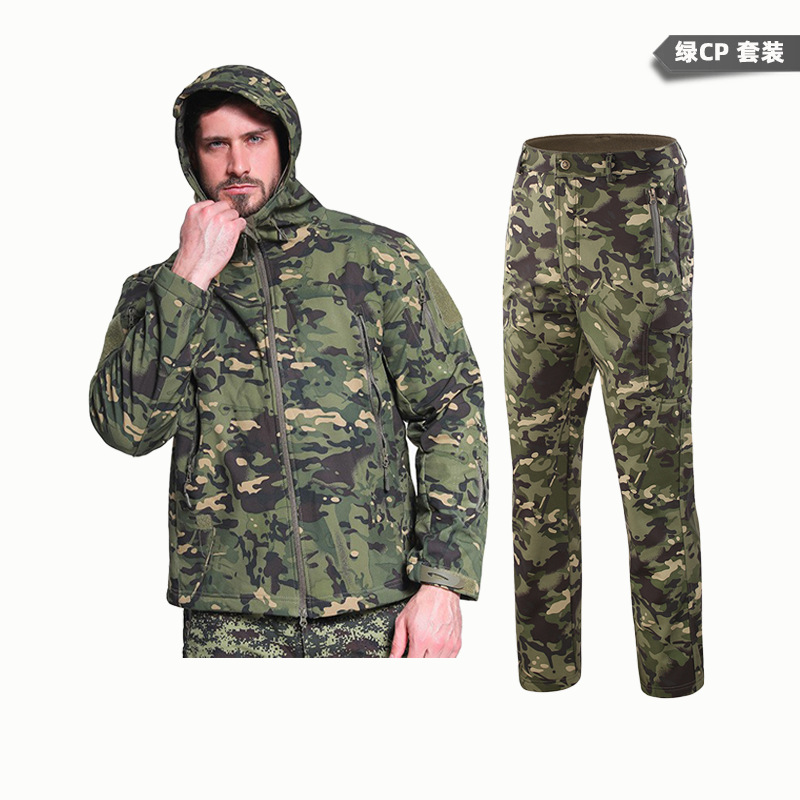 Yitu Tactical Sports Shark Skin Waterproof Soft Shell Down Jacket and Pants Alpha Green Warm Fleece Camouflage Down Jacket Set pic 18