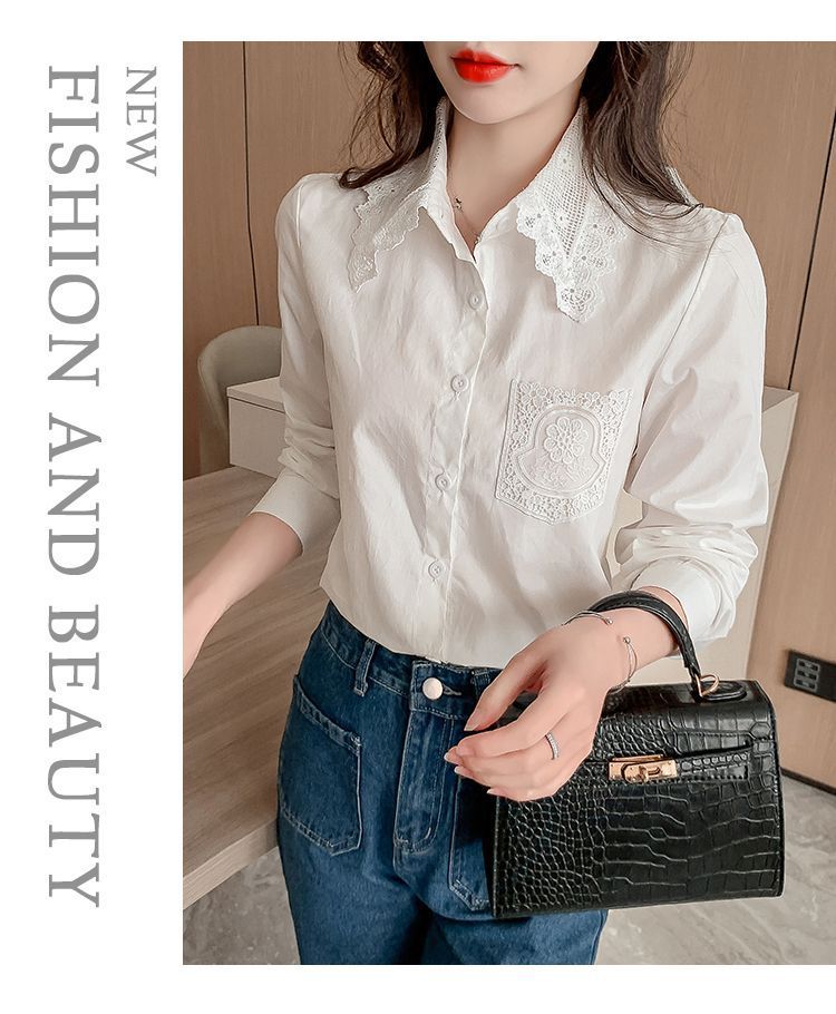 春秋季2025年新款女装时尚减龄纯棉衬衫女洋气全棉蕾丝领休闲上衣详情14