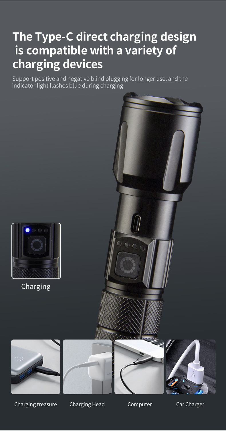 跨境抖音快手热卖工厂批发铝合金强光手电快充变焦远射激光手电筒详情9