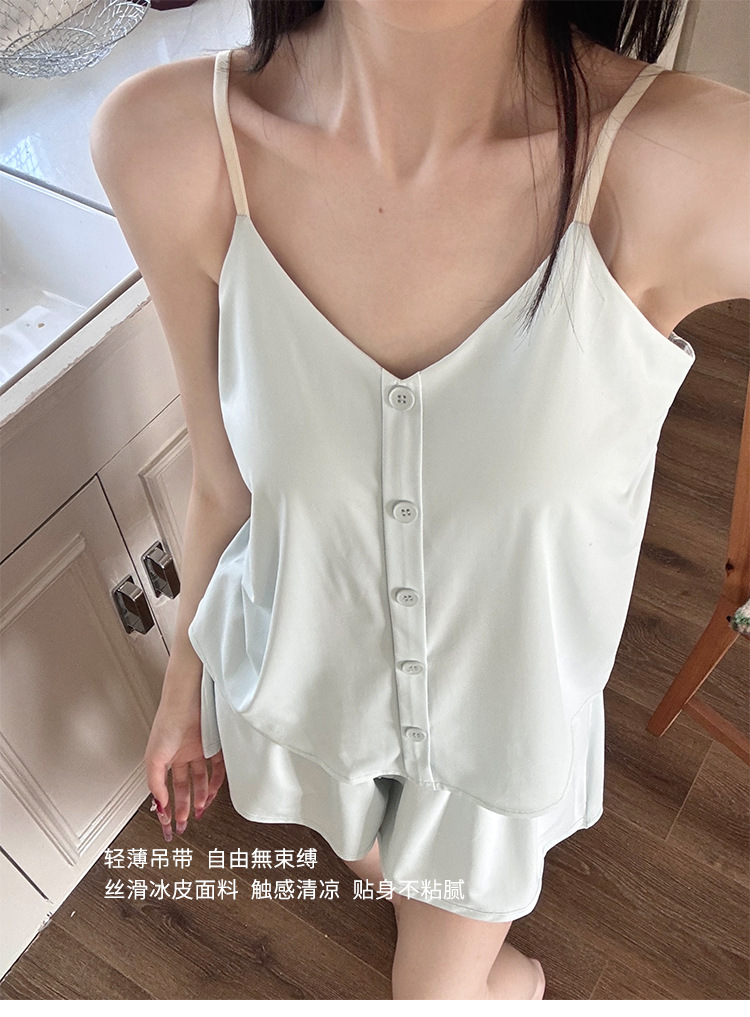 Summer new ice silk adjustable home wear two-piece set with chest pad buttons, ice skin halter shorts and pajama pic 21