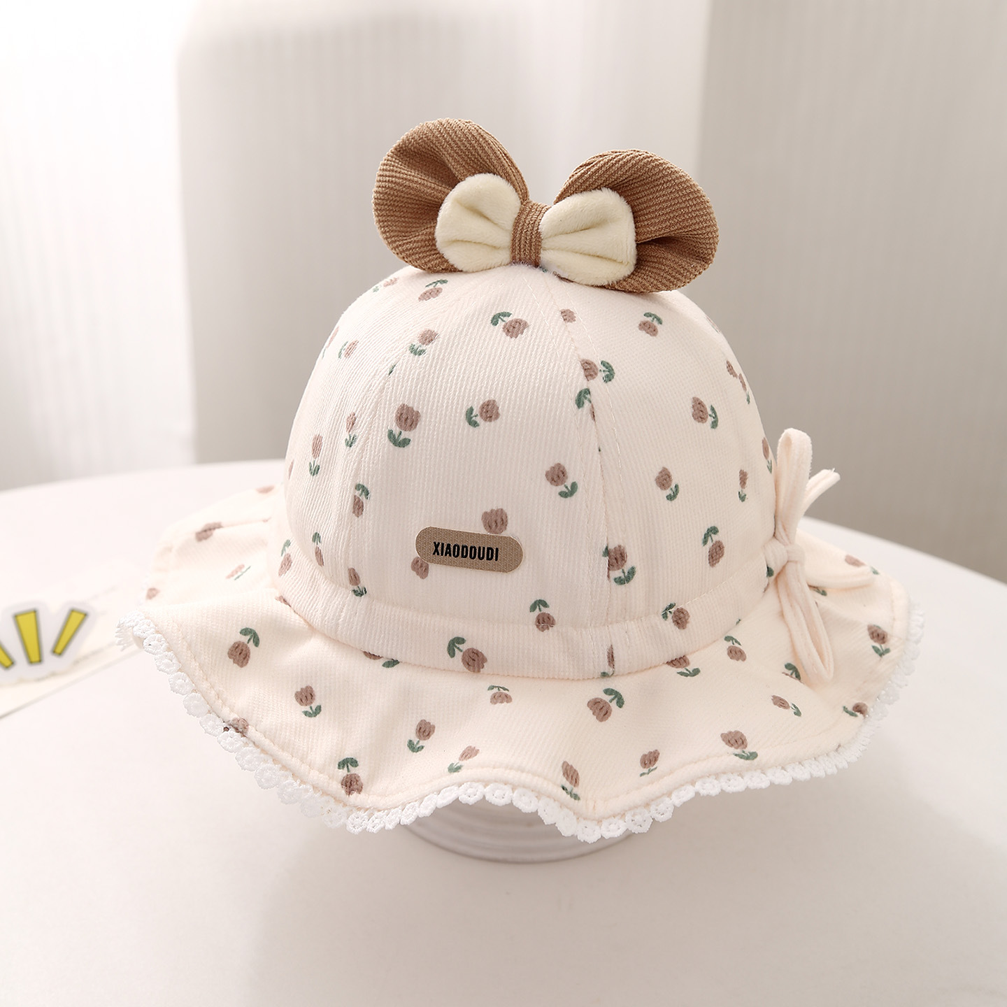 婴儿帽子春秋季花朵蝴蝶结女童渔夫帽冬天可调节防风遮阳宝宝盆帽详情9