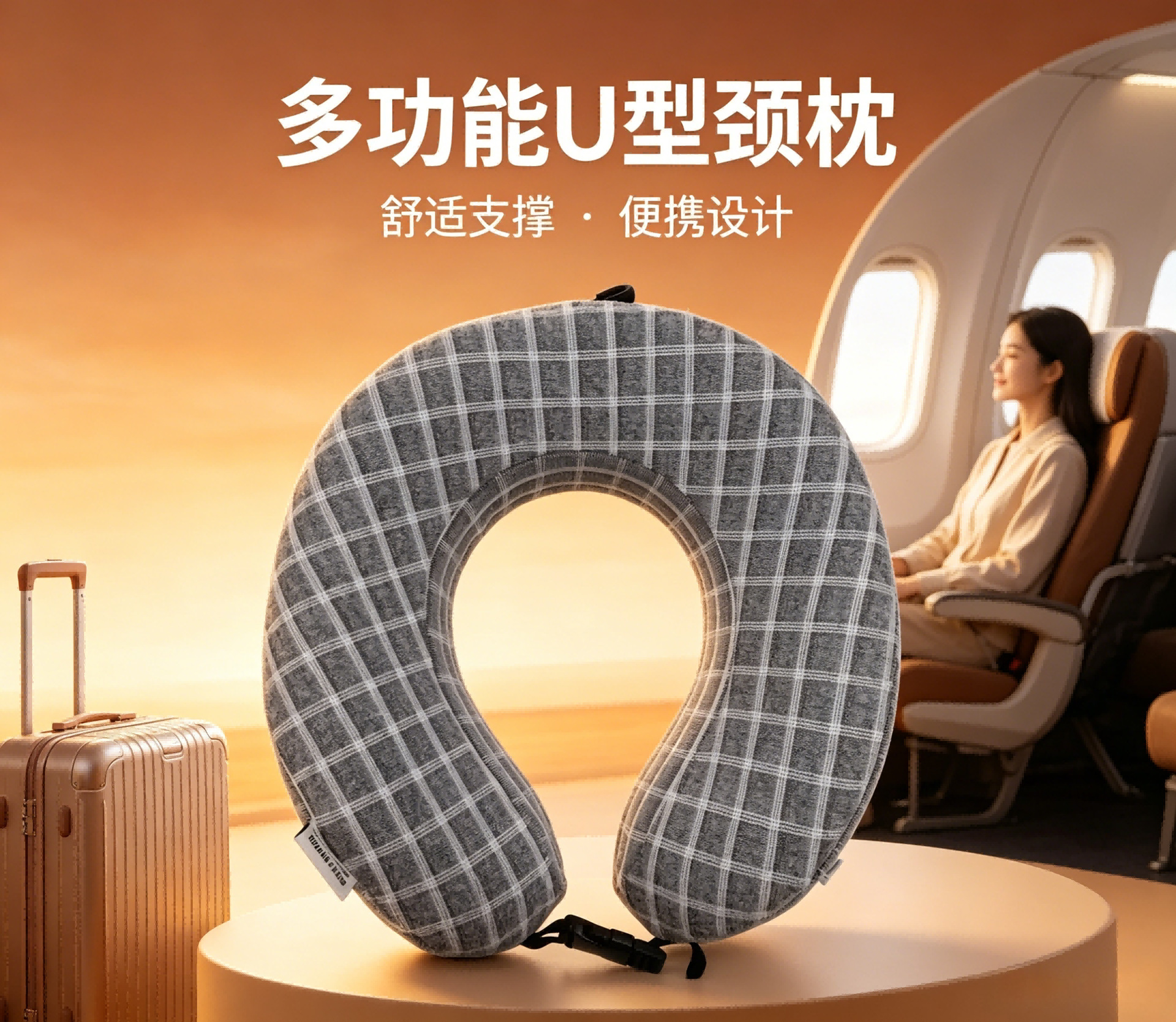 可收纳记忆棉方格U型枕护颈枕旅行午睡枕办公室汽车飞机枕便携慢详情1