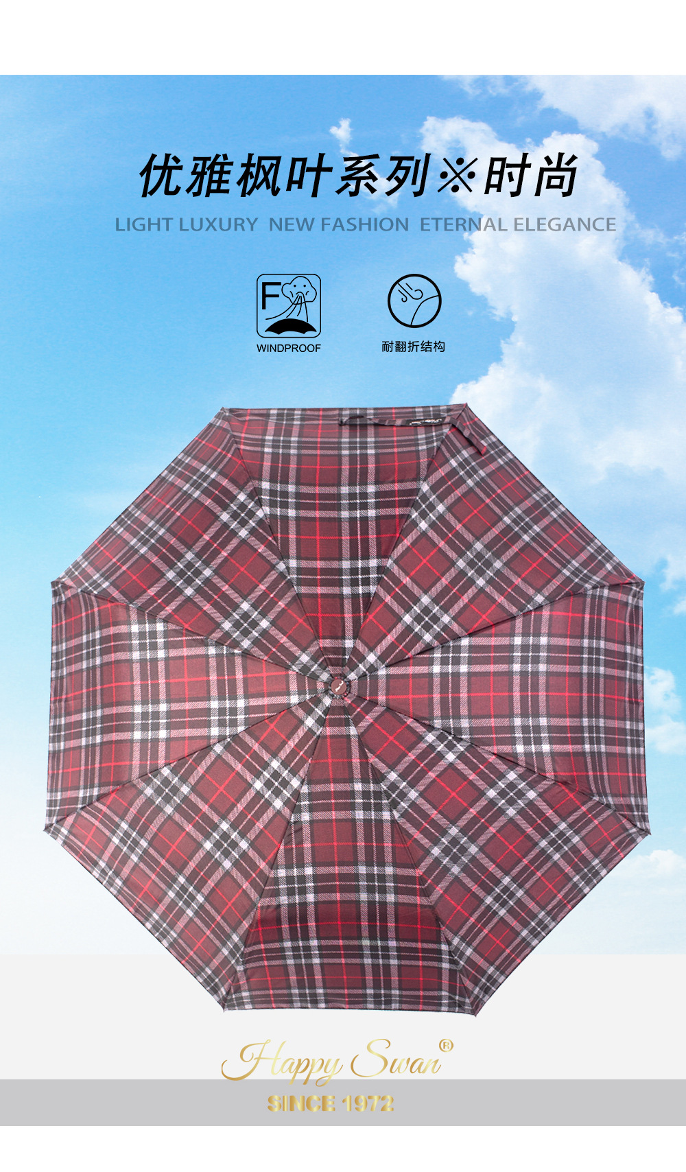 经典英伦格纹三折自开伞半自动雨伞出口auto open umbrella详情7