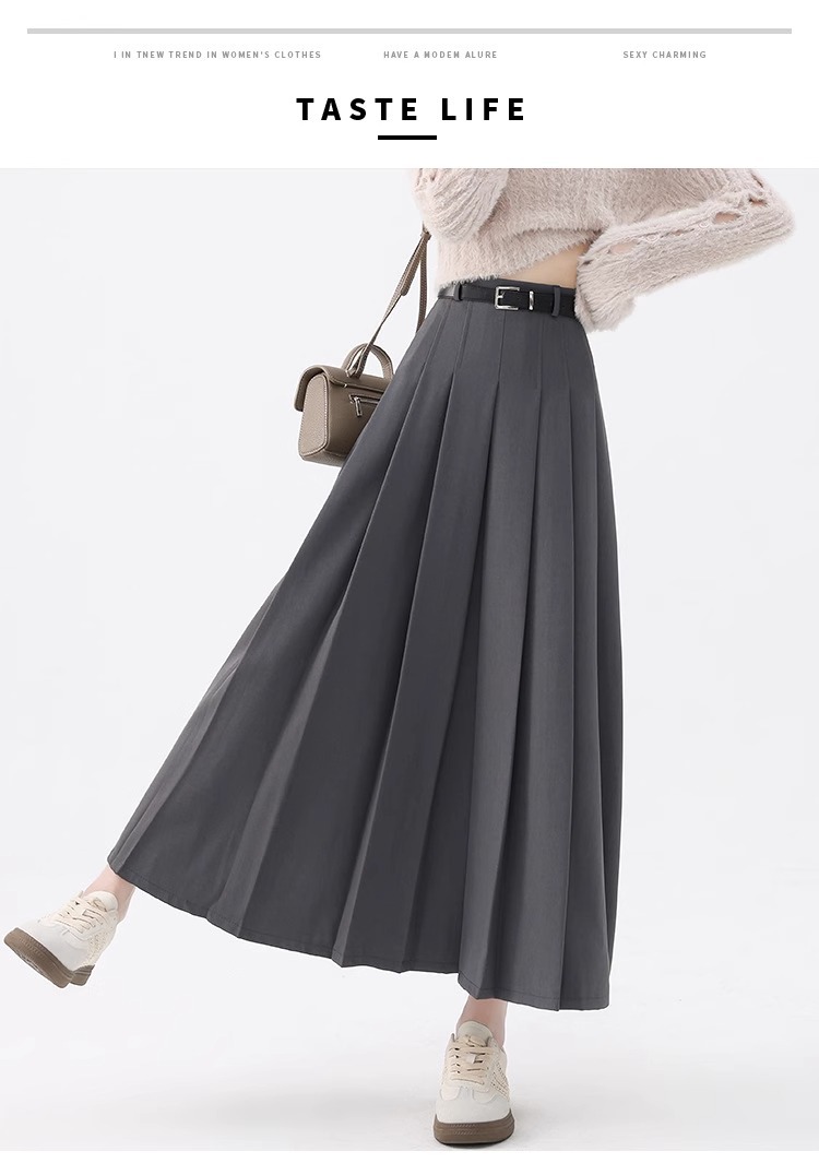 灰色半身裙女2025夏季新款高腰遮胯A字伞裙中长款春秋西装百褶裙详情36