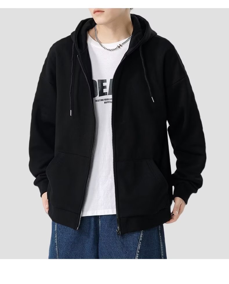 开衫卫衣男式秋季连帽衫纯色衣服加绒拉链宽松外套男士秋冬运动衫详情3