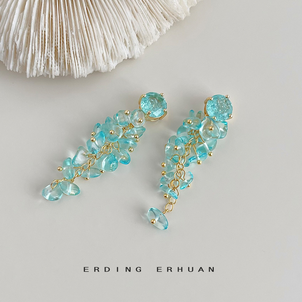【 Ocean Series 】 Original design, handcrafted long tassel glass crystal earrings, elegant and sweet earrings pic 9