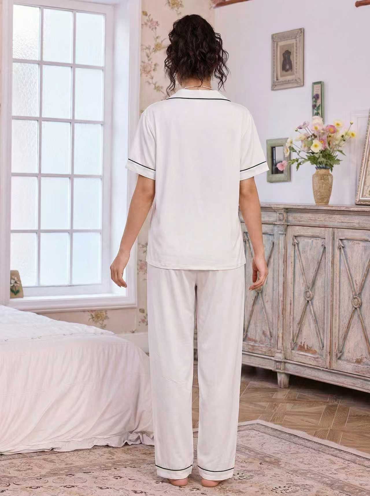 亚马逊欧美家居服套装翻领开衫短袖长裤爱心绣花睡衣女外贸独立站详情3