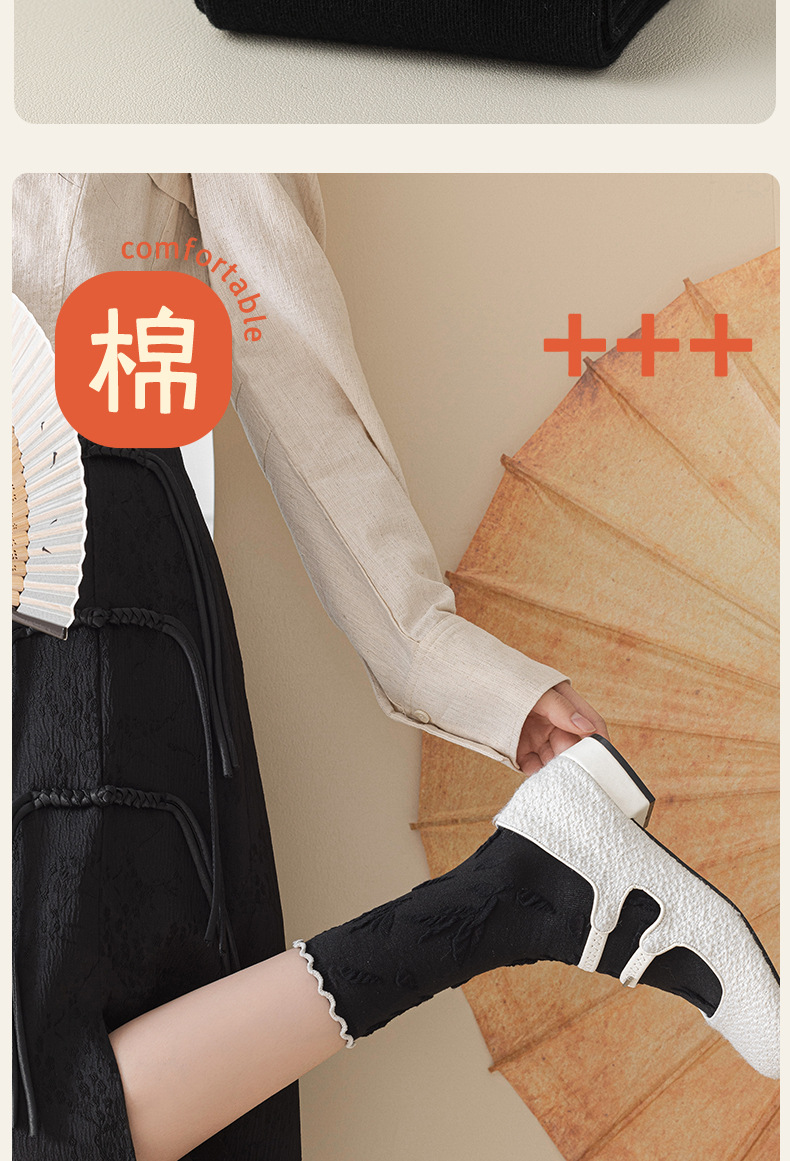 国潮阿程家批发袜子女春秋中国风新中式水墨画个性复古浮雕ins花边袜详情6