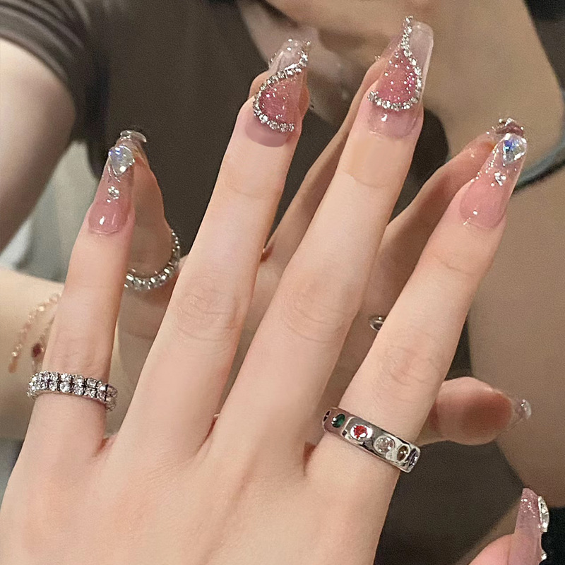 Wholesale of handcrafted wearable nails for Internet celebrities, medium and long heart-shaped diamond nail nail plates, nail patches, false nails, jelly glue pic 12