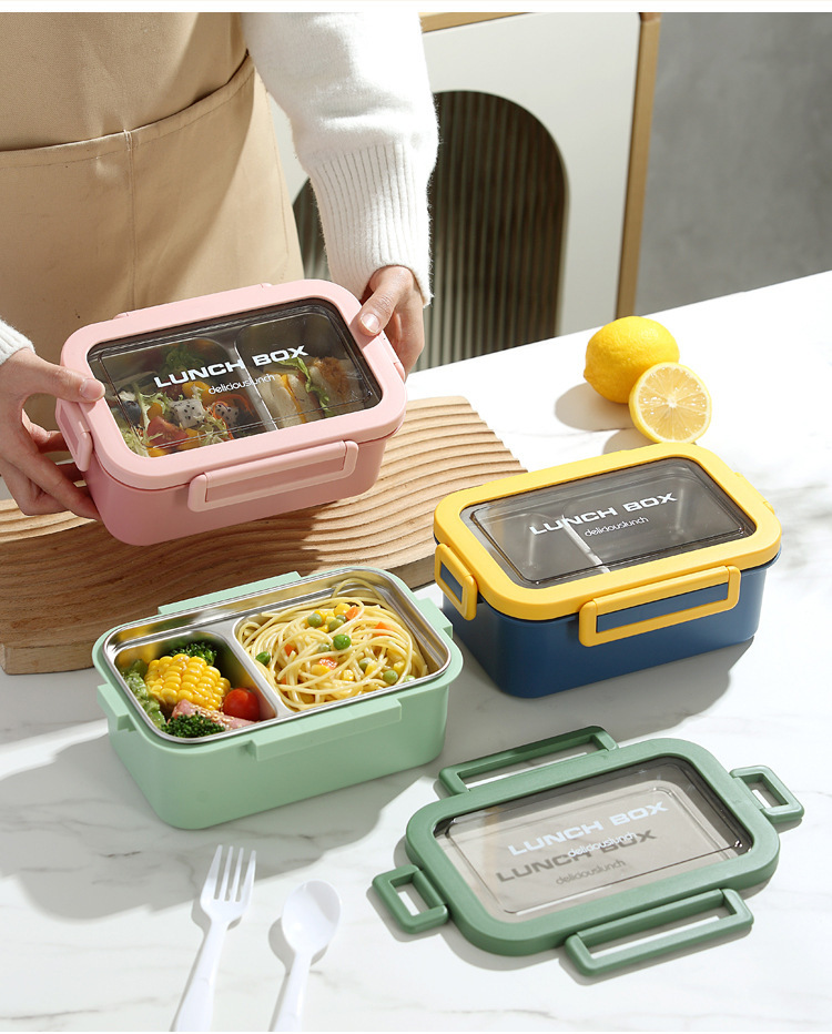 The simple and sealed double-layer lunch box with compartments is portable for office workers and students. It is a stainless steel box with heat preservation pic 17