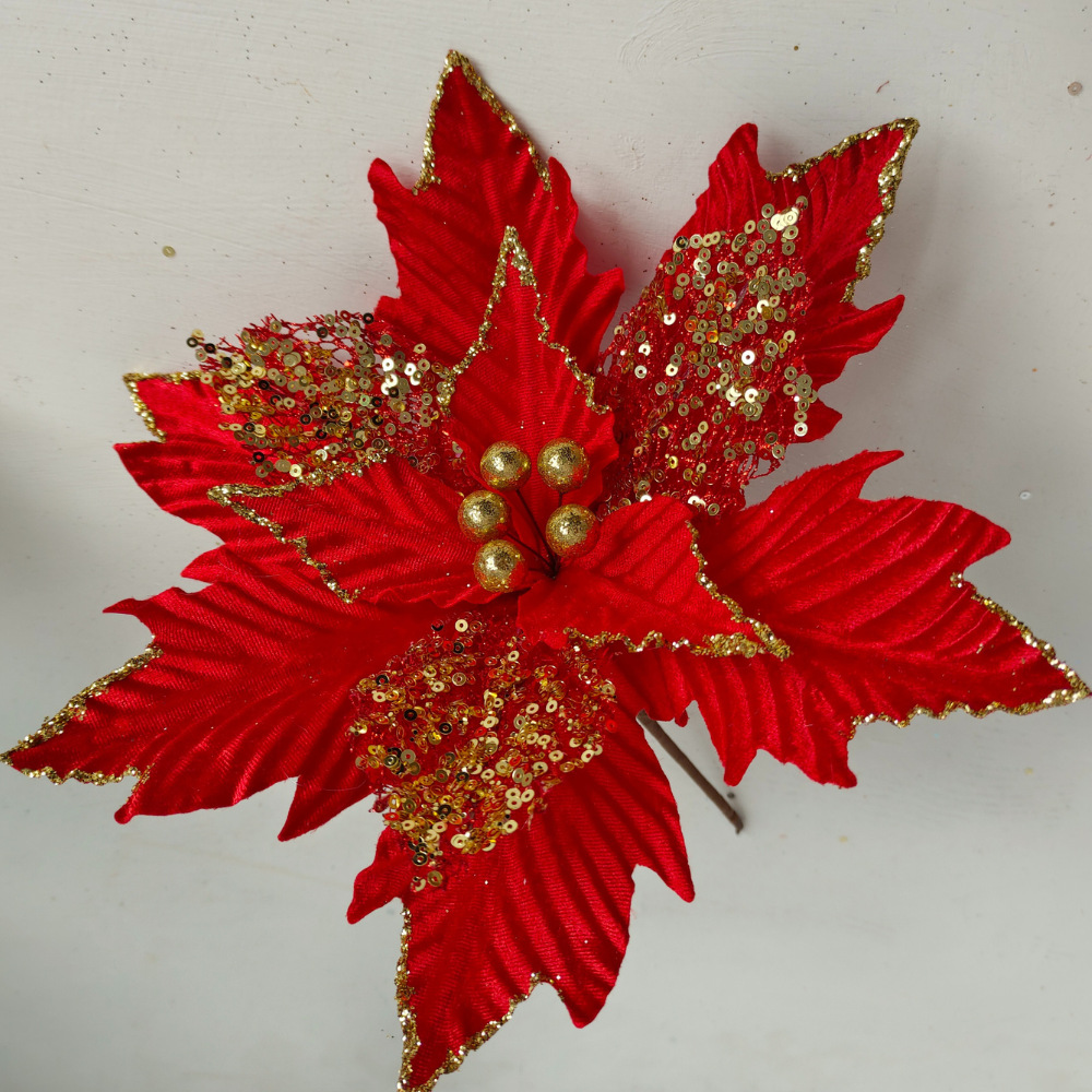 现货批发圣诞花仿真花金粉圣诞树花环配件挂件圣诞装饰花头假花详情9