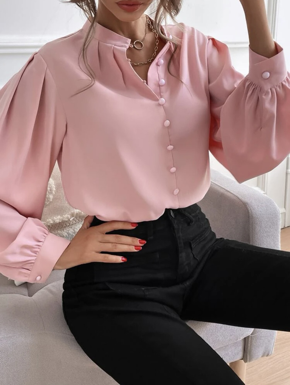 现货欧美跨境2023亚马逊衬衫女装爆款半开领纯色宽松长袖气质优雅详情40