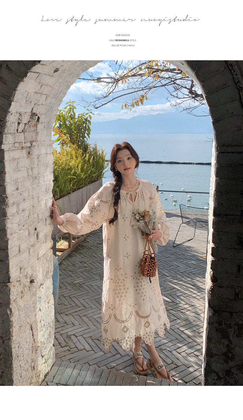 Real photo of a retro, gentle, cut-out embroidered V-neck apricot-colored dress, 2025 new seaside vacation style long-sleeved umbrella dress pic 46