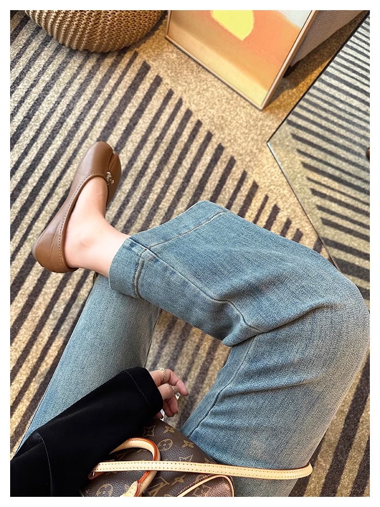 小个子弹力微喇叭牛仔裤女春秋款梨形身材大码高腰直筒显瘦九分裤详情5