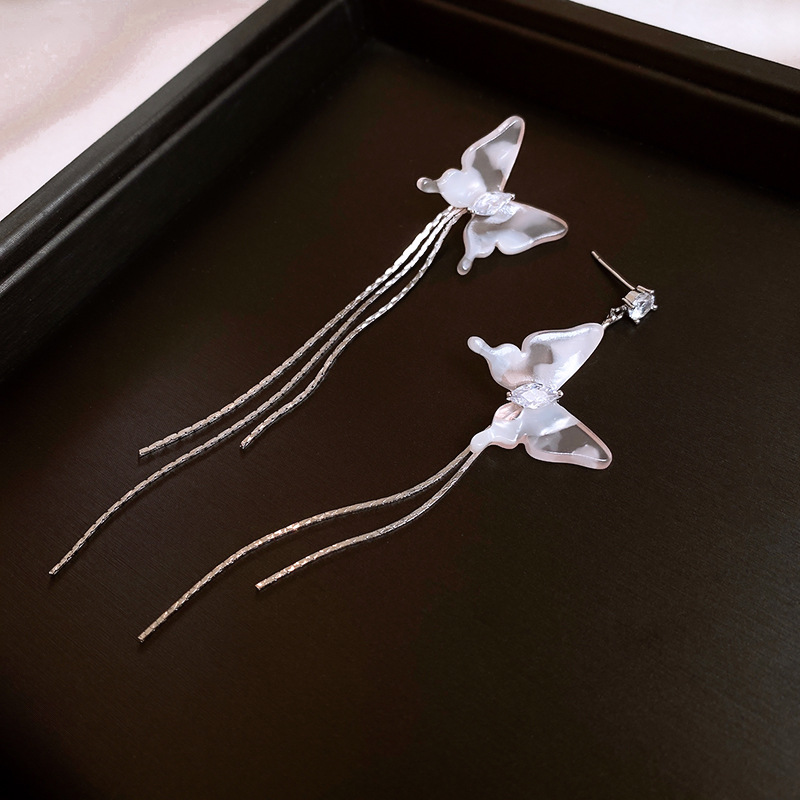 银针不对称蝴蝶树脂流苏耳钉气质高级感耳环甜美小清新耳饰批发女详情11