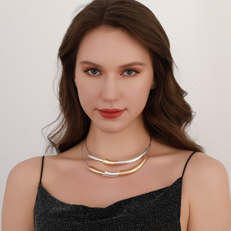 跨境亚马逊欧美饰品时尚简约短项链双层U形吊坠金属项圈女短项链详情4