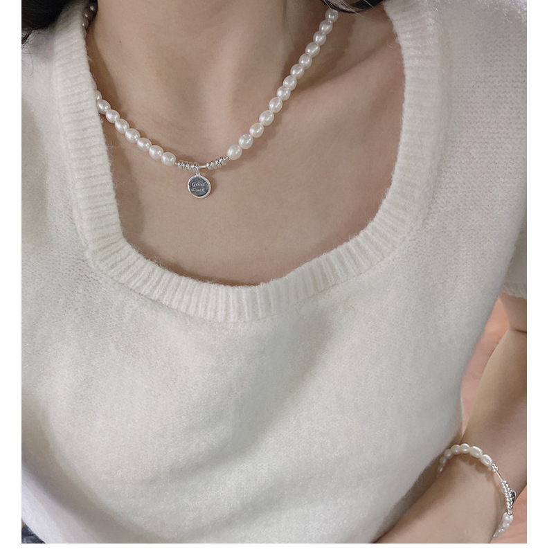S925 sterling silver freshwater pearl vintage handcrafted Good Luck brand necklace and bracelet set, fashionable and simple collarbone chain pic 15