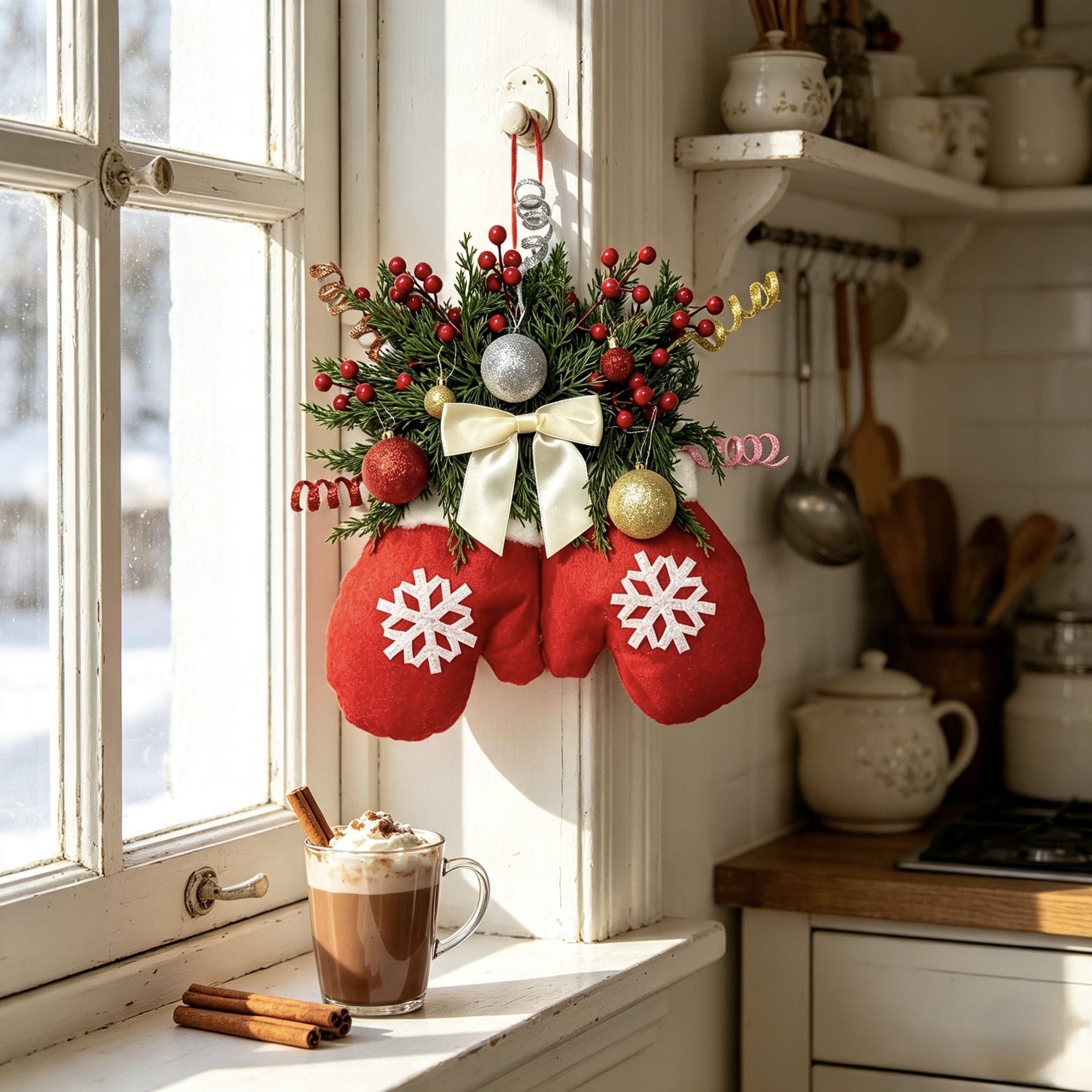 Christmas glove pendants, Christmas tree decorations, pine branches, snowballs, pinecones, and colorful lights embellish the background of gift boxes, creating a festive atmosphere pic 11