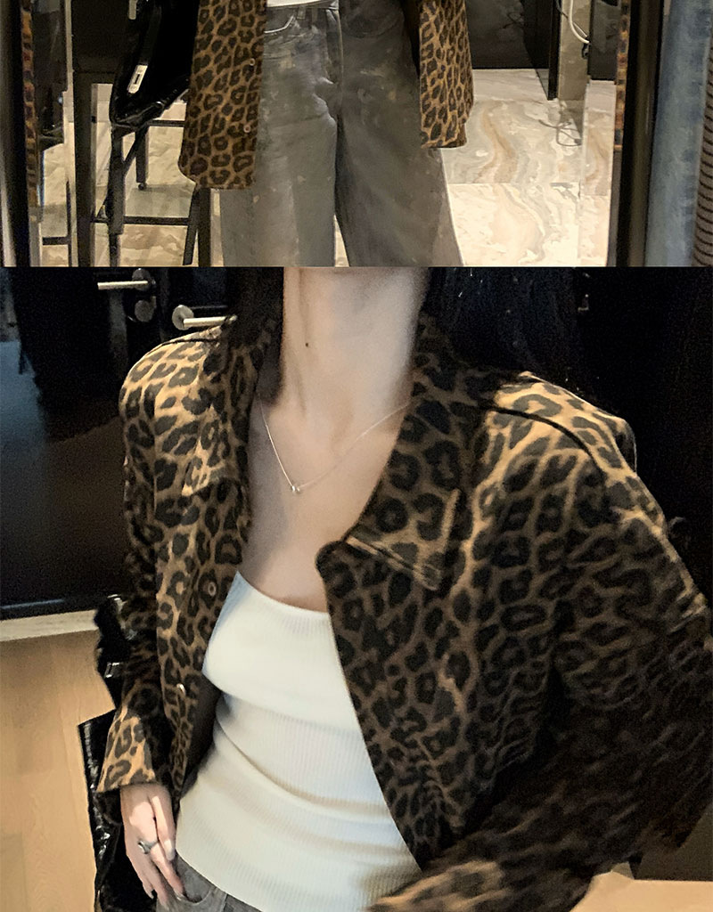 美式复古豹纹Polo领衬衣外套女早秋慵懒风宽松气质中长款风衣上衣详情11