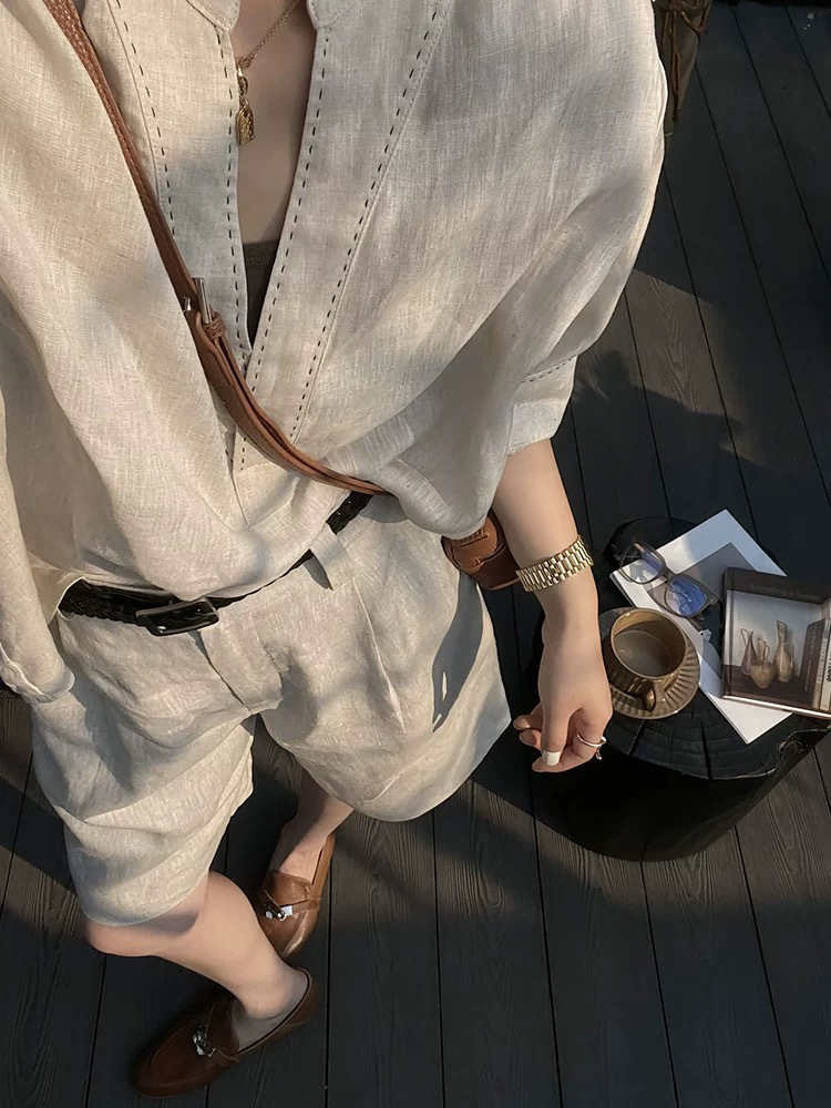 Old Money style beautiful professional outfit shirt linen suit pants for women 2025 Spring ootd Outfit complete set pic 5