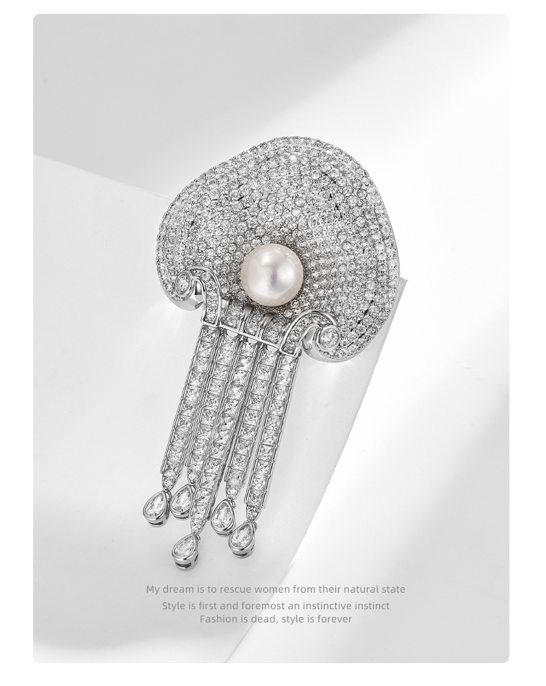 高档流苏水母胸针珍珠胸花走光别针配饰批发高级详情13