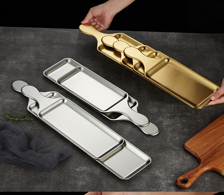 Stainless steel Western-style steak grill plate, golden sushi sashimi plating handle, pizza plate, stainless steel baking plate pic 11