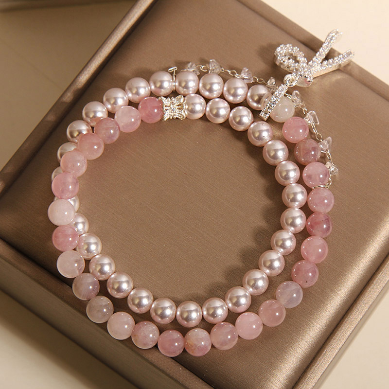 New Chinese-style pearl bow double-loop bracelet for women, light luxury, niche, exquisite and high-end pink crystal bracelet for best friend pic 6